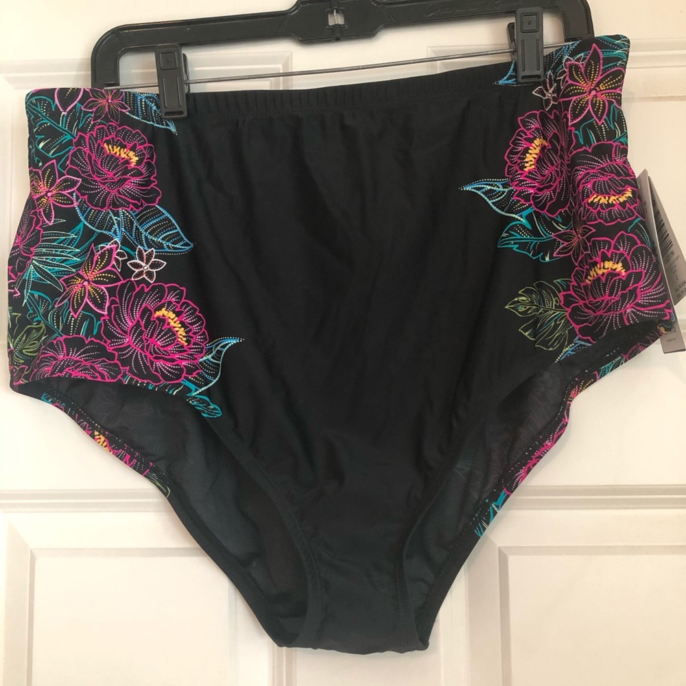 High waist, slimming, black & floral swim bottom